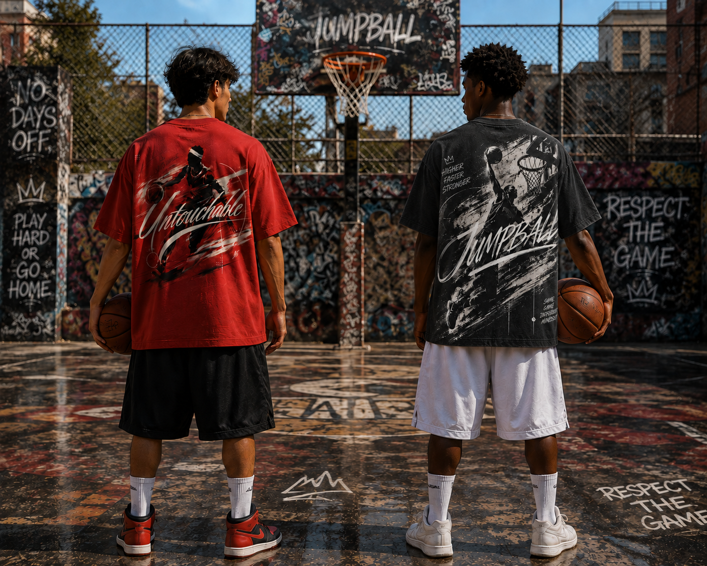 Two players in JUMPBALL graphic tees standing on a graffiti-covered street basketball court, facing the hoop