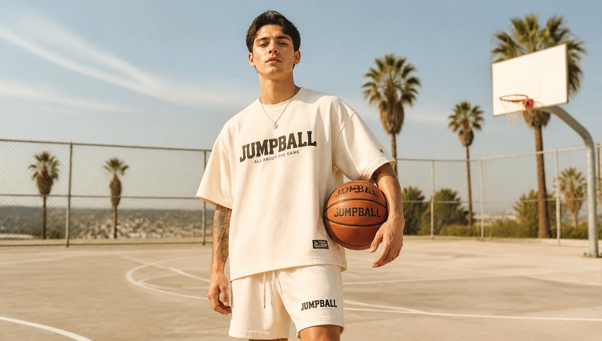 Model holding a basketball on an outdoor court