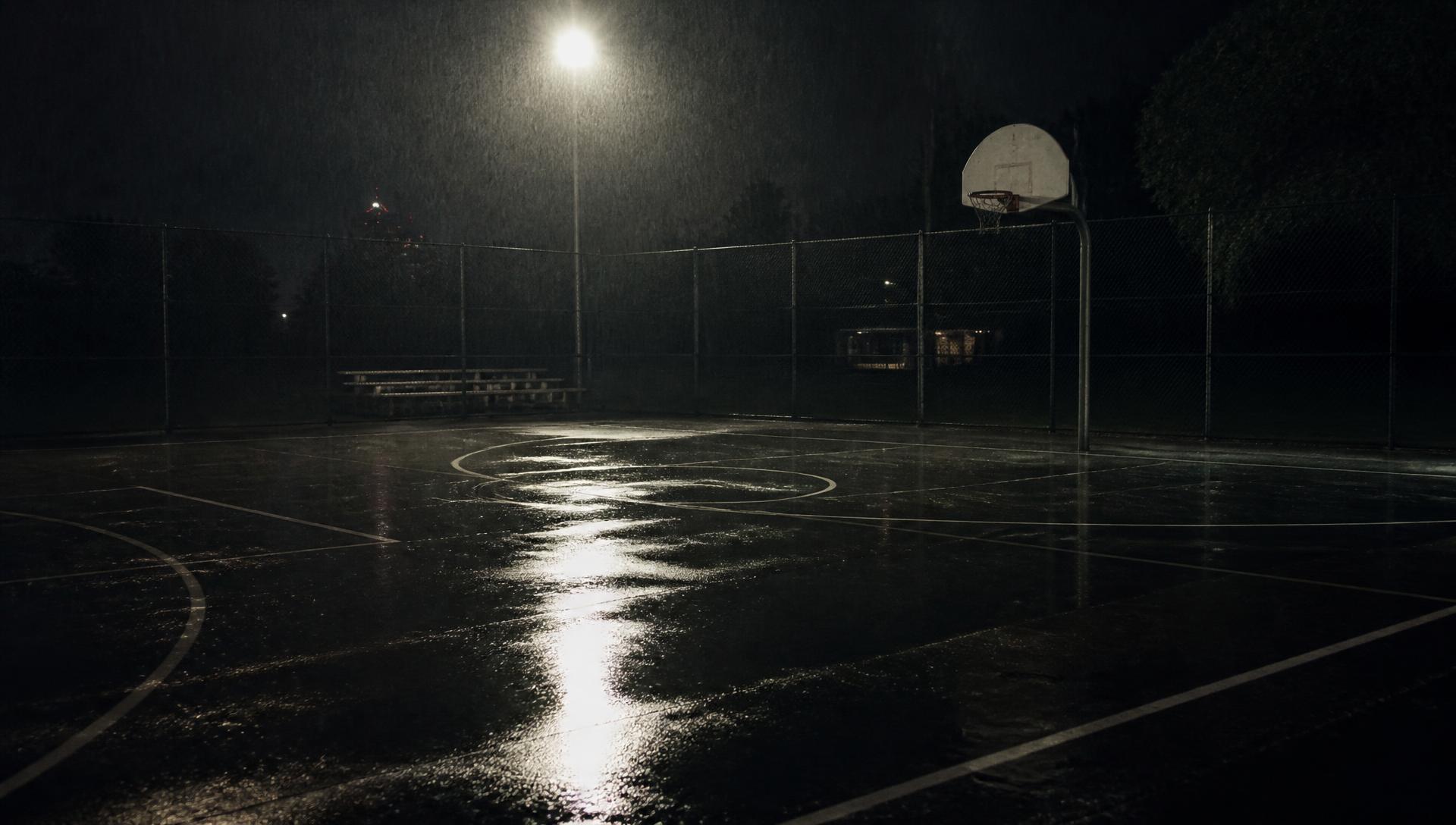 Empty rain-soaked blacktop court under a single floodlight at night